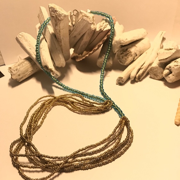 Unique Gold and Turquoise Coloured Beaded Necklace - Picture 2 of 5